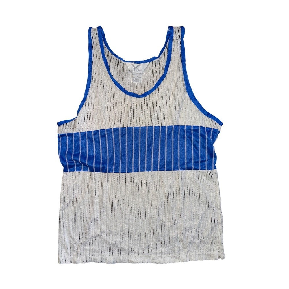 Vintage Repage Mesh Tank Top Mens Medium White Blue Striped Athletic A0905 Retro